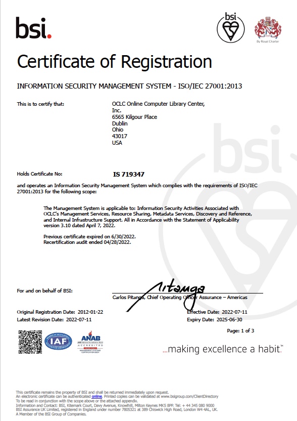 Zertifikat ISO/IEC 27001:2013. Klicken, um das vollständige Zertifikat anzuzeigen.